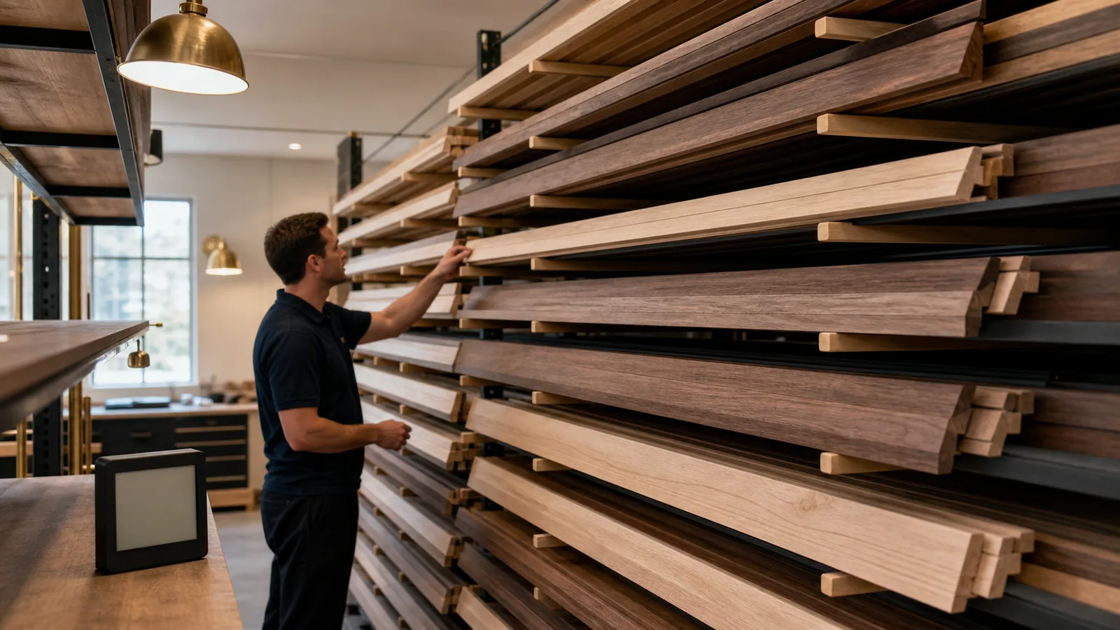 Straight walnut and pale wooden frame mouldings stored horizontally on evenly spaced workshop racks for controlled acclimation