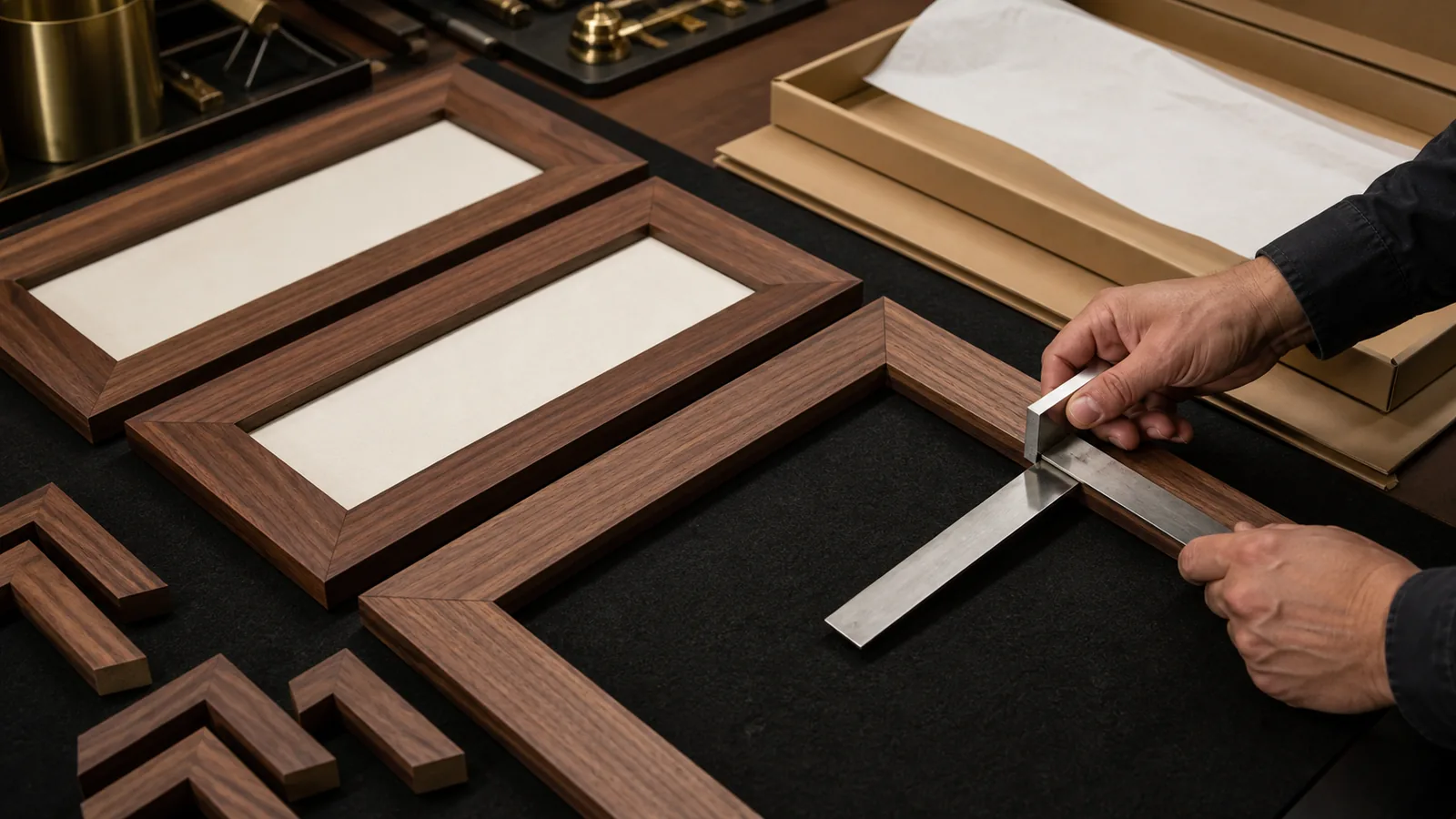 Technician checking walnut display-frame mitres and straightness with a precision square and straightedge
